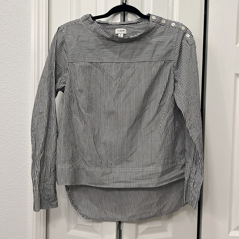 J. Crew Navy/Dark Gray (?) and White Striped Button Shoulder Top